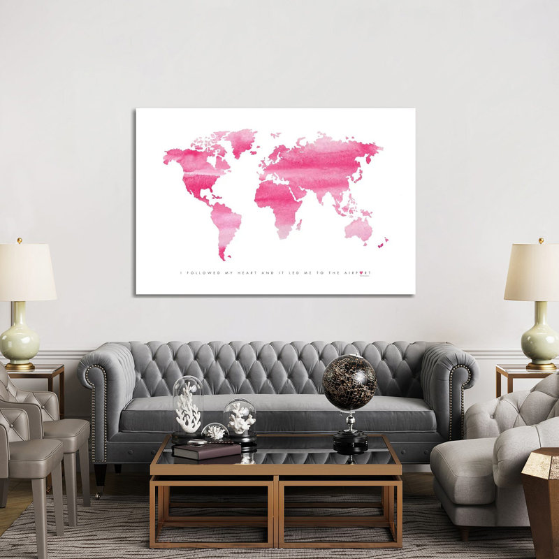 World Map Pink by Mercedes Lopez Charro - Wrapped Canvas Gallery-Wrapped Canvas Giclée, 152.5 cm H x 101.5 cm W