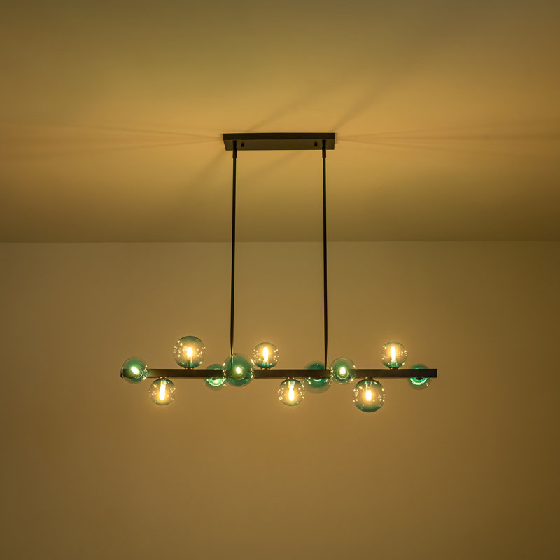 Lustre linéaire moderne en verre bullé 12 lumières à intensité variable Spoutnik, Bleu, Noir mat
