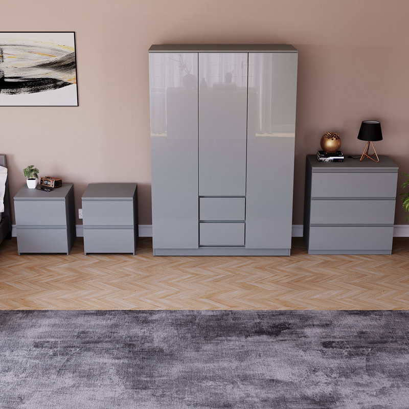 Taniesha 4 Piece Bedroom Set (2 Drawer Bedside Chest X2, 3 Drawer Chest, 2 Door 2 Drawer Wardrobe), (100% FSC), Grey