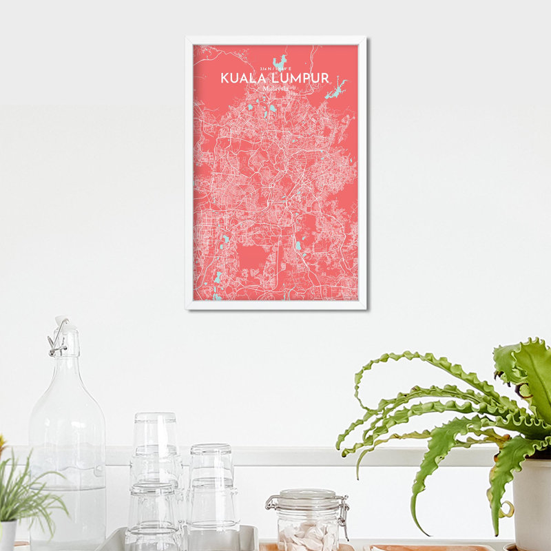«Kuala Lumpur City Map», impression de luxe, Rose / bleu bébé, H 17 po x l 11 po