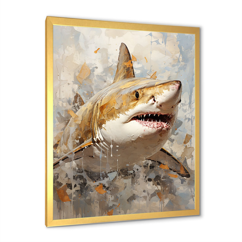 " Minimalism Shark Painting In Golden Beige I ", Gold Single Picture Framed, 20" H x 12" W x 1" D