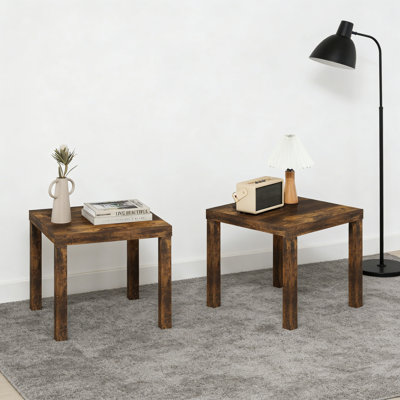 Set Of 2 Square Side Tables, Triple Thick Tabletop Modern End Tables, Amber Pine Finish