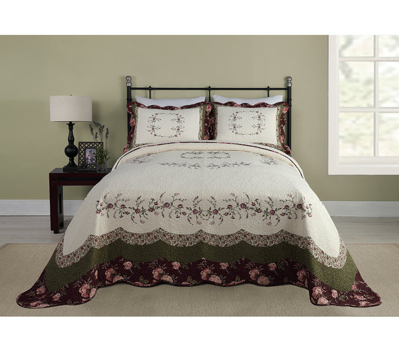 Queen White Cotton Reversible Bedspread with Embellished Edges