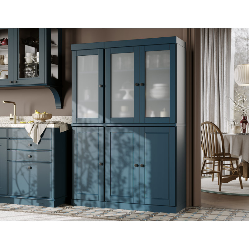 Vaisselier 100% bois massif 48,5 po avec verre givré, portes solides, 2 tiroirs et tablettes réglables, Bleu sarcelle