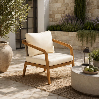 Fauteuil club d'extérieur en bois d'acacia avec dossier et coussins en osier PE - Fauteuil d'appoint moderne pour balcon, bord de piscine et véranda