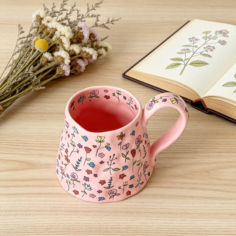Grande tasse à café en céramique avec jolie fleur et grande poignée, tasse à thé florale 20 oz, tasses fantaisistes surdimensionnées irrégulières (rose)