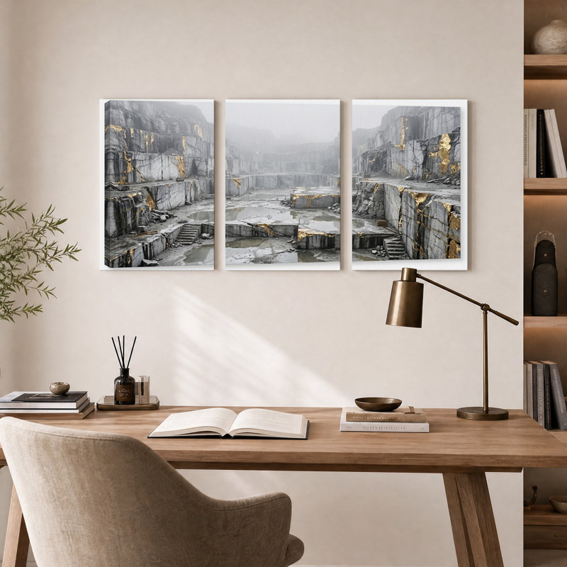 Ensemble de 3 toiles murales « Carrière de marbre brumeux aux veines dorées », 18"H x 12"W x 3pcs