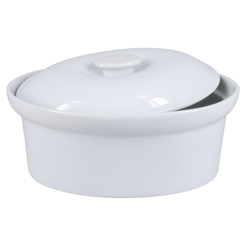 White Glazed Porcelain Oval Casserole Dish with Lid, 1.5 Quarts