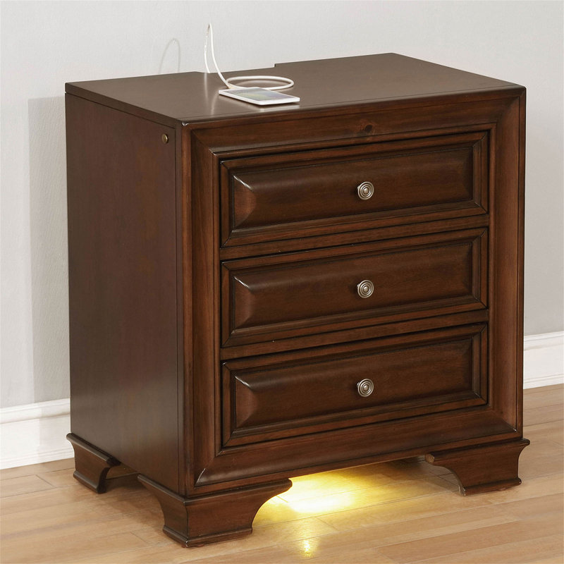 Table de chevet 3 tiroirs avec prise USB et prise de courant (table de chevet incluse seulement)