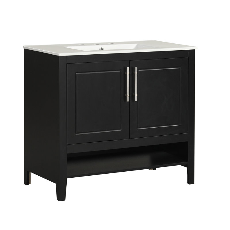 Meuble-lavabo 36 po avec lavabo, armoire de salle de bain multifonctionnelle avec portes et tiroirs, cadre en panneau de fibres à densité moyenne et panneau de fibres à densité moyenne, noir