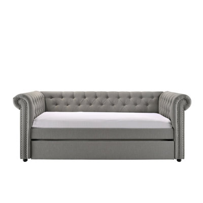Luxurious 1Pc Modern Aesthetic Beautiy Button Tufted Nailhead Trim Design Daybed Built-In Pull-Out Trundle Bed Living Space Guest Room Bedroom