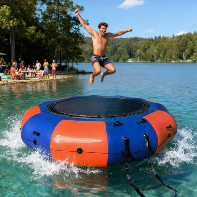 10FT Inflatable Water Bouncer  with Electric Pump, Rope Ladder — Recreational Water Trampoline For Adult Portable Swim Platform  for Lakes and Pools (Blue + Orange)