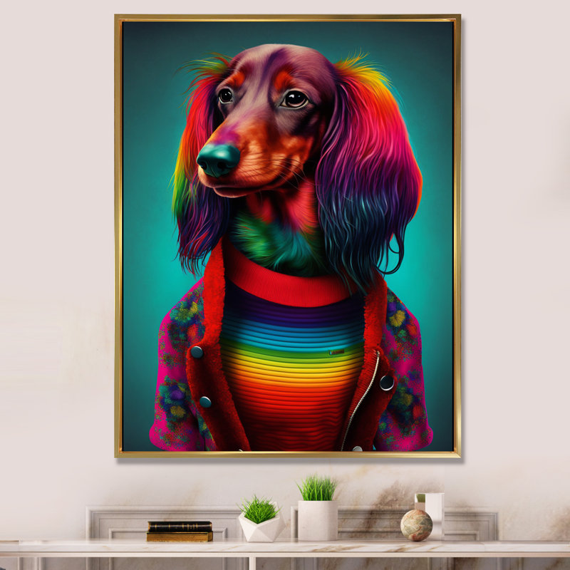 Impression sur toile Cool Dachshund In Rainbow Designer, H 40 po x l 30 po x P 1,5 po, Cadre flottant doré