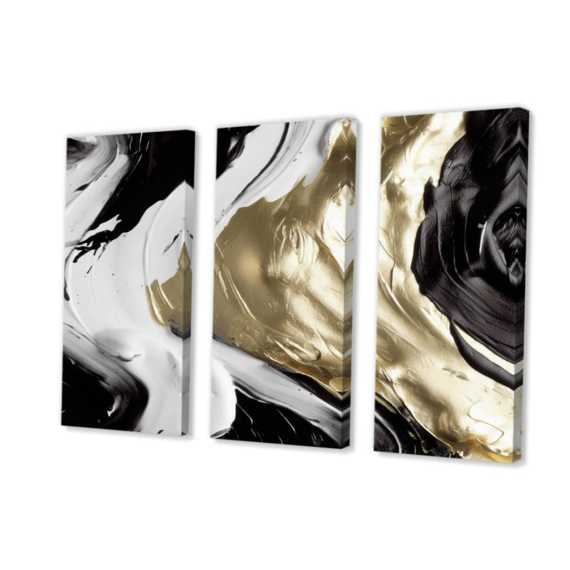 Exquis Darling Gold, vague abstraite sur fond noir IV sur toile, 3 pièces, H 32 po x l 48 po x P 1 po