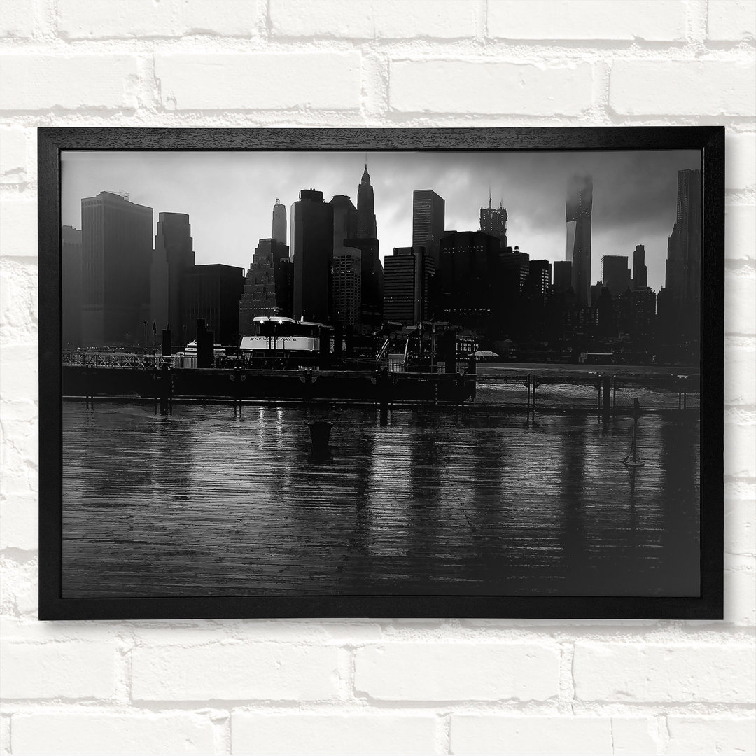 Hudson River New York B N W - Geschlossener Eckrahmen Kunstdrucke auf Holz