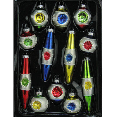 12-Piece Multi-Color Mini Glass Ball Onion and Finial Retro Reflector Christmas Ornament Set