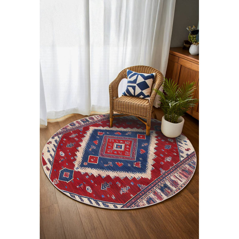 Boxton Collection Digital Print Cotton-Polyester Red Navy Boxtoncan Rug, Round 4'