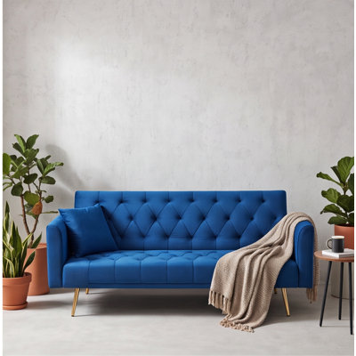 71-Inch Velvet Convertible Loveseat Sofa Bed, Retro Blue, for Small Spaces
