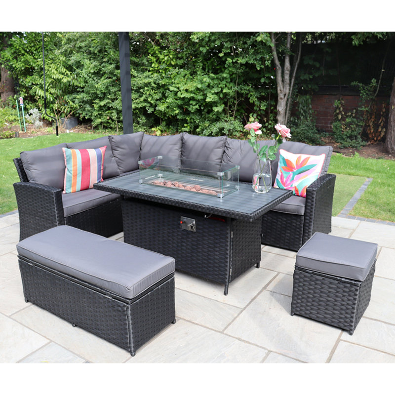 Werchter 9 Seater Corner Sofa Set with Fire-Pit Dining Table with Storage Box, Black