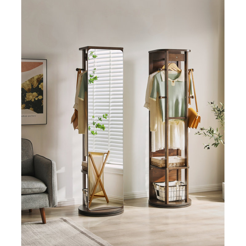 Armoire à miroir pleine grandeur en bois d'hévéa massif avec rangement pour bijoux
