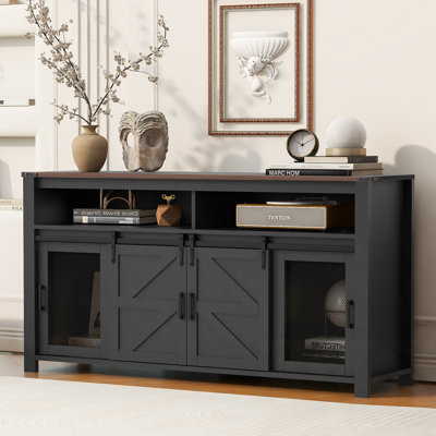 Buffet avec porte de grange coulissante, panneaux en filet et rangement ouvert
