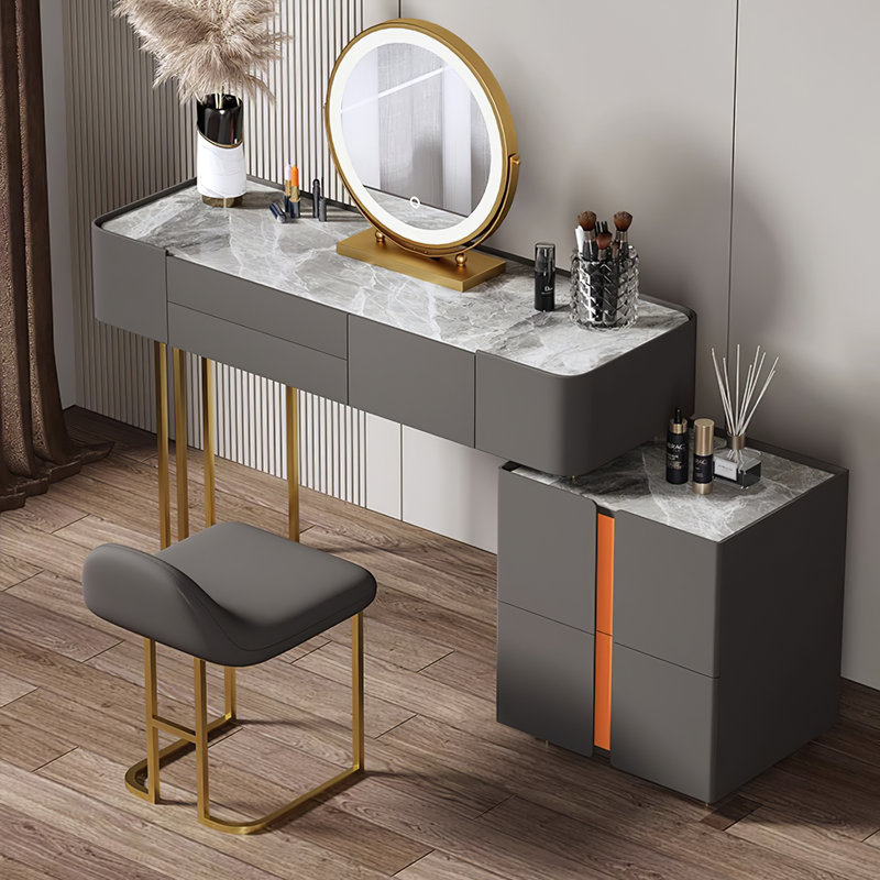 31.49" Makeup Vanity Set, Slate Top, Solid Wood Drawers, And Dimmable Led Mirror