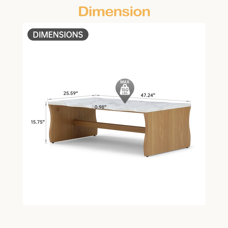 Table basse moderne 47,24 po Whisper Of Waves, plateau de table en faux marbre avec base en placage de bois massif, table d'appoint de forme organique