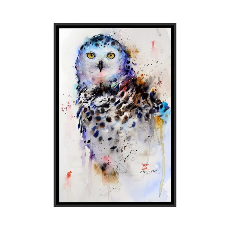 " Owl " by Dean Crouser, 26" H x 18" W x 1.5" D, Black Framed Canvas, White