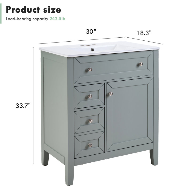 Meuble-lavabo en bois massif gris, lavabo en céramique, rangement triple, fermeture en douceur de 12 po, antidérapant, capacité de 70 kg, conception avec bac rabattable sous le comptoir, tiroir simple, tiroir lisse