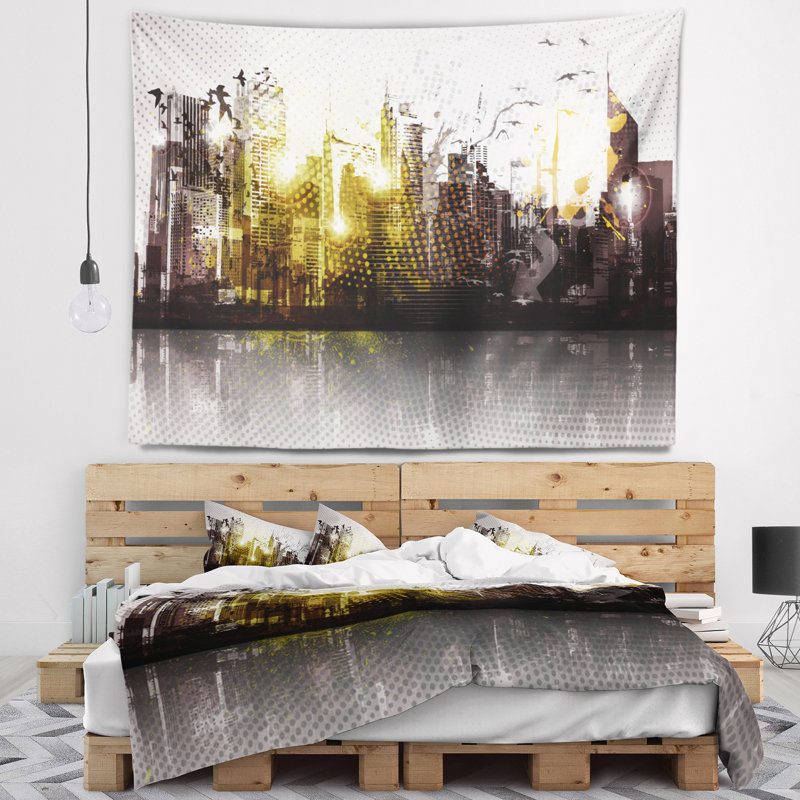 Tapisserie panorama cityscape grunge city, H 32 po x l 39 po