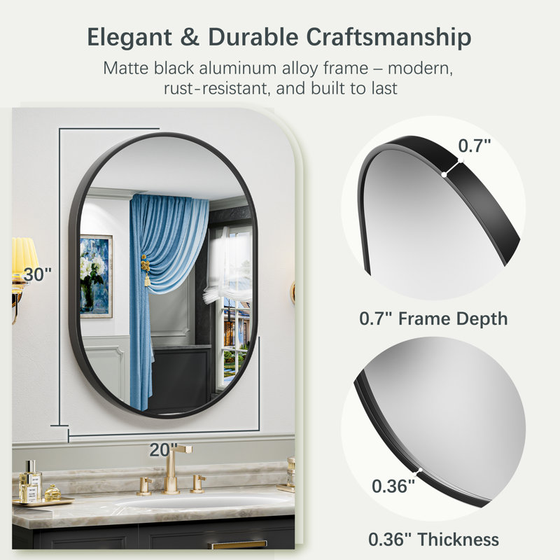 Matte Black Oval Vanity Mirror with Aluminum Alloy Frame, HD Tempered Glass, French Cleat Mounted Wall Decor Bathroom Vanity Mirror