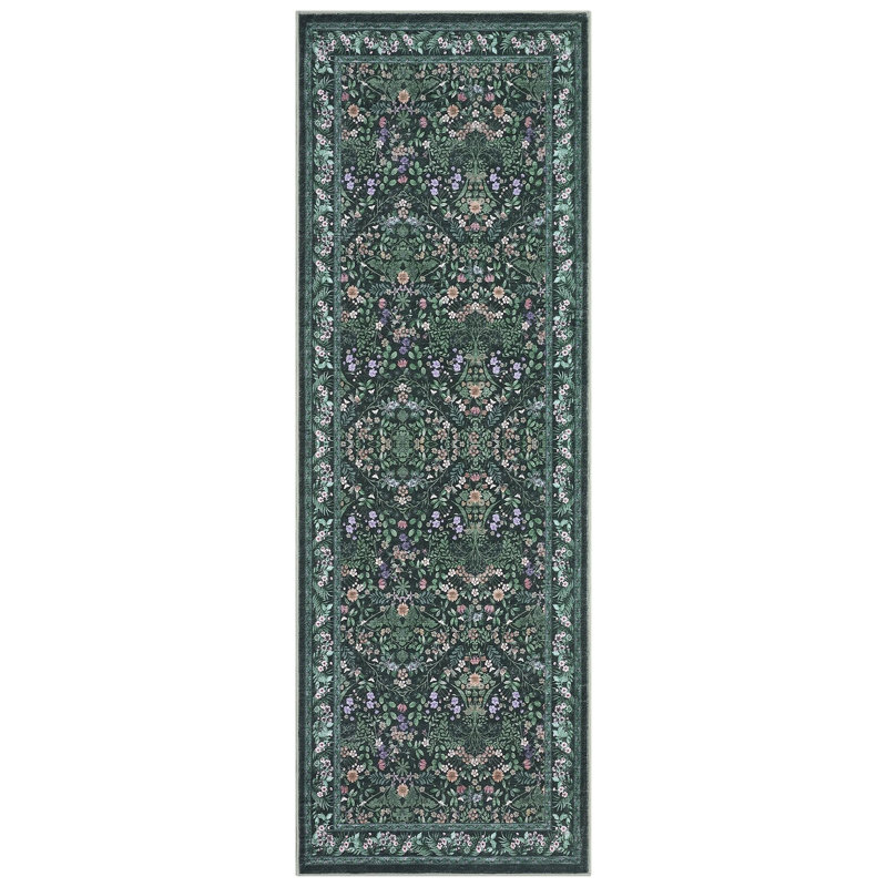 Washable Folding Floral Print Area Rug with Non - Slip Backing,2 * 6ft, Runner 2' x 6', Green