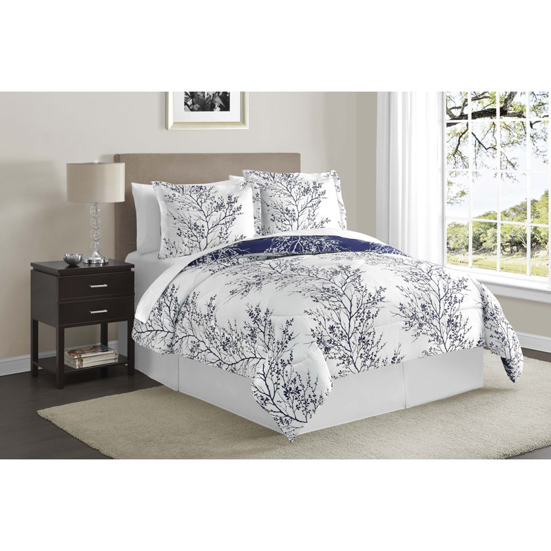 Queen Blue and Chocolate Floral Microfiber Bed in a Bag Set