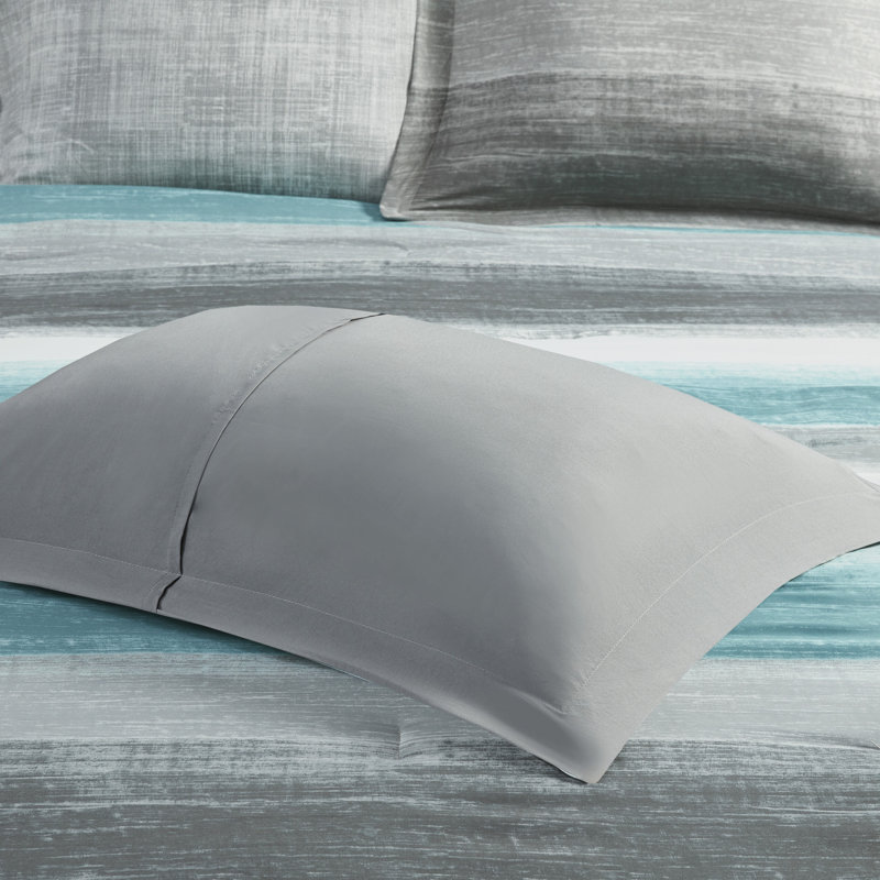 Saben Striped Comforter Set with Cotton Bed Sheets, King Comforter + 8 Additional Pieces, Aqua/Gray