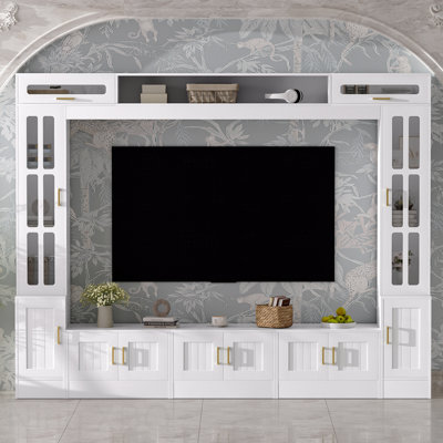 Wall Unit Entertainment Center Tv Stand With Cabinets, Tempered Glass Doors And Adjustable Shelves