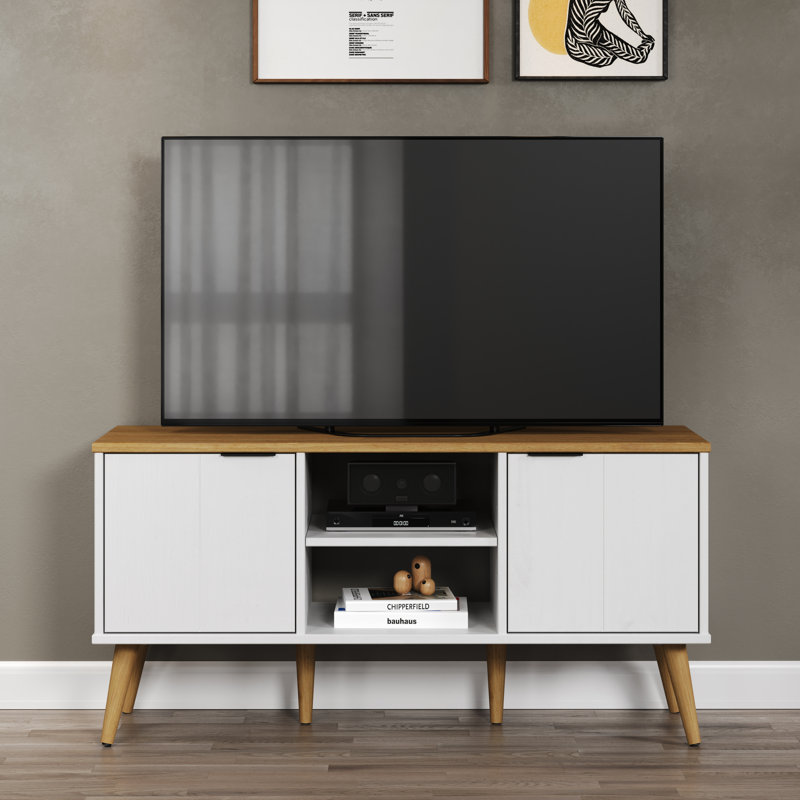 SOLID WOOD TV STAND WHITE & NATURAL HONEY