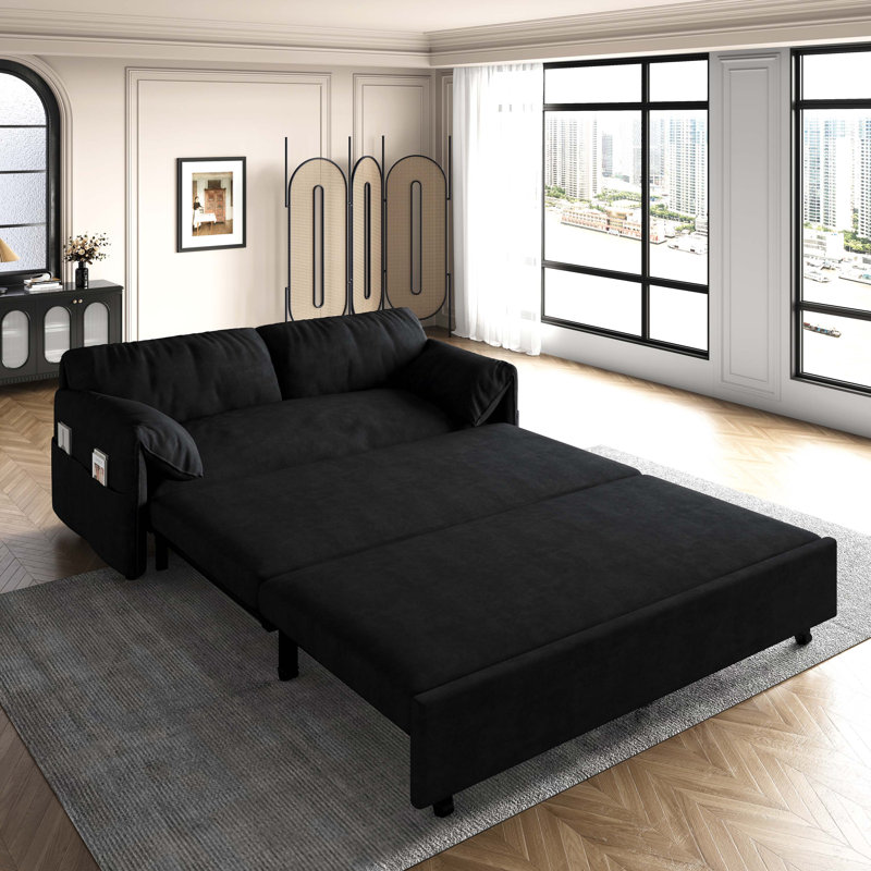 63.8" Queen Pull Out Sofa Bed, 3-in-1 Convertible Sleeper Sofa with Side Storage, Black