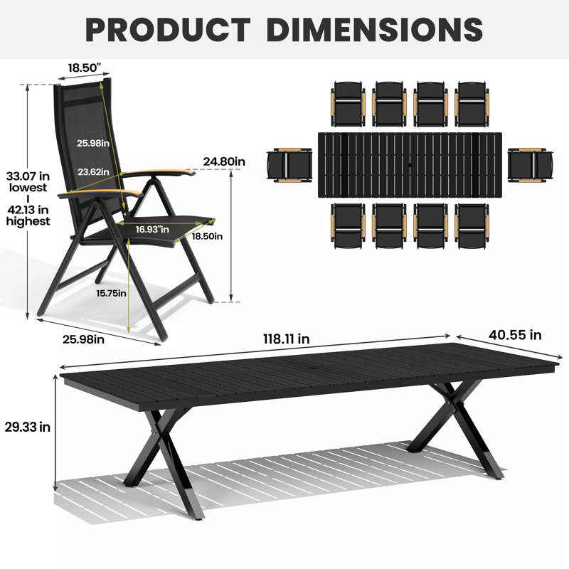 10-Person Aluminum Outdoor Dining Set With Folded Reclining Chairs And Umbrella Hole, Black