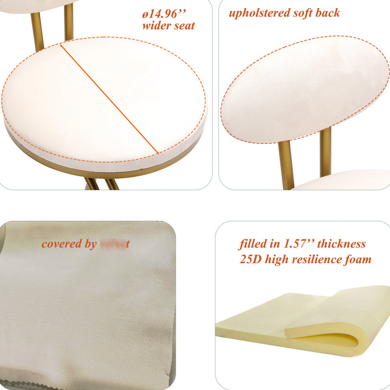 Tabourets de bar rembourrés pour 2 personnes, siège en velours, structure en métal doré, hauteur du siège de 27,95 po, assemblage facile pour les utilisateurs, velours blanc crème, base dorée, poids maximal de 220 lb, propreté