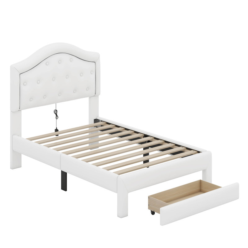 Lit plateforme tapissier avec tête de lit capitonnée, DEL et 2 tiroirs, Lit simple, Blanc