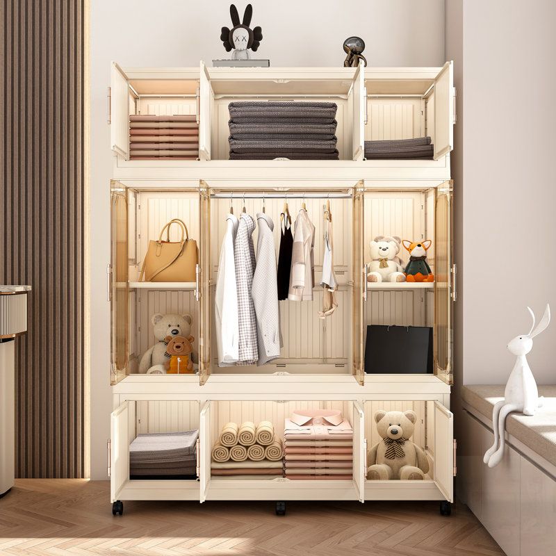 Organisateur de garde-robe portatif avec 12 portes magnétiques, 12 cubes et 1 tringle pour un rangement et une organisation efficaces