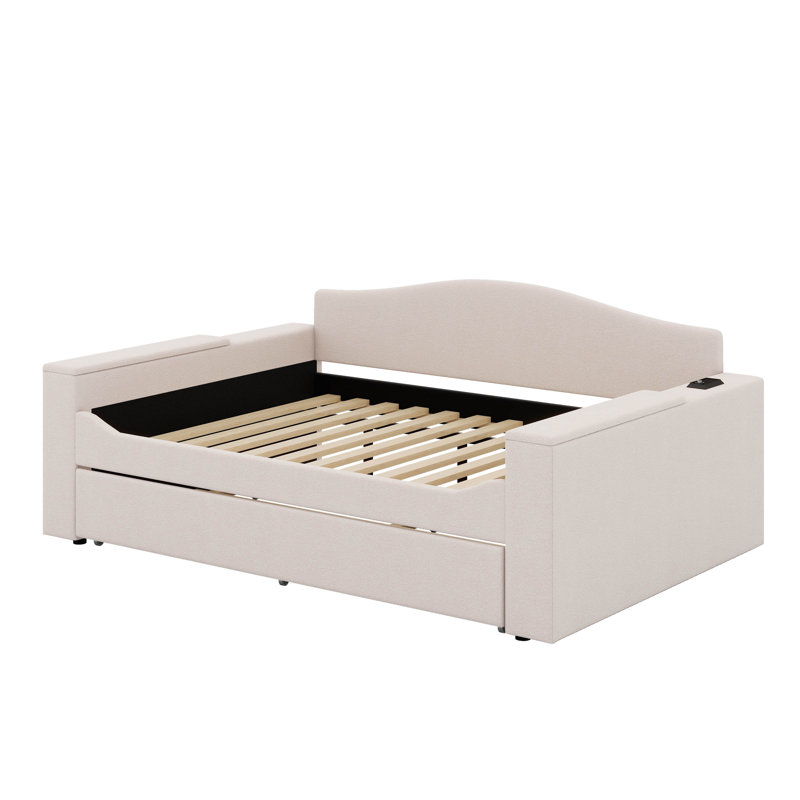Full Upholstered Daybed With Trundle And Latest Bluetooth Audio System, Beige