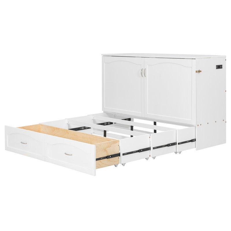 Grand lit escamotable avec mécanisme à patins à roulettes et rangement, Blanc