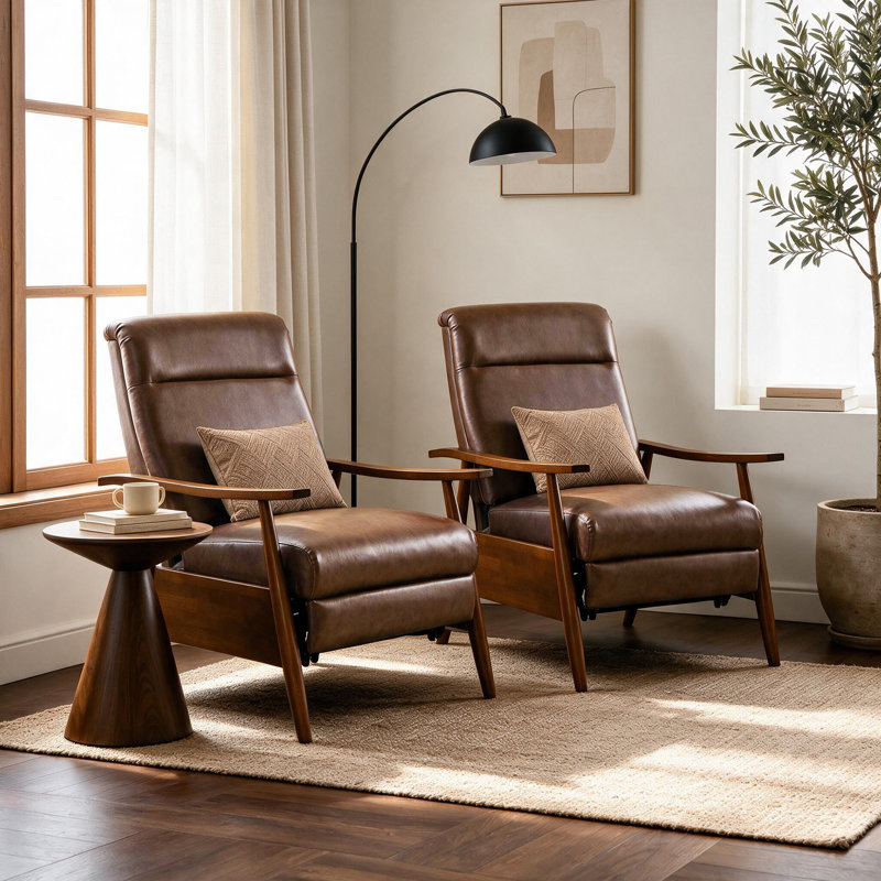 Fauteuil inclinable réglable avec inclinaison manuelle et repose-pied intégré (ensemble de 2), Cuir café