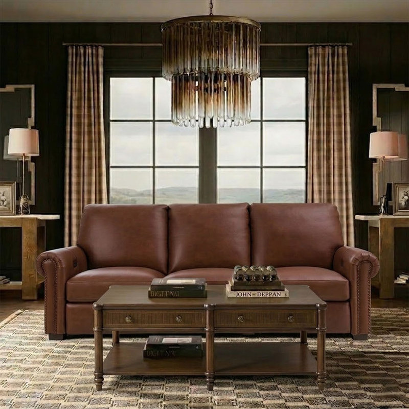 Igon 86.25" Traditional Down-Filled Genuine Leather Power Reclining Sofa, Brown