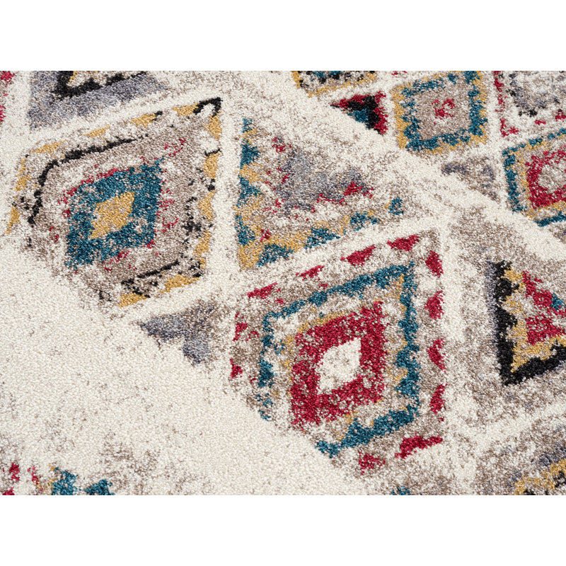 Rug Branch Safa 5' x 5' (5'3" x 5'3") Cream/Red Boho Indoor Round Area Rug, Contemporary, Medium Pile, Stain-Resistant Carpet - Living Room, Bedroom, Dining Room, and Kitchen