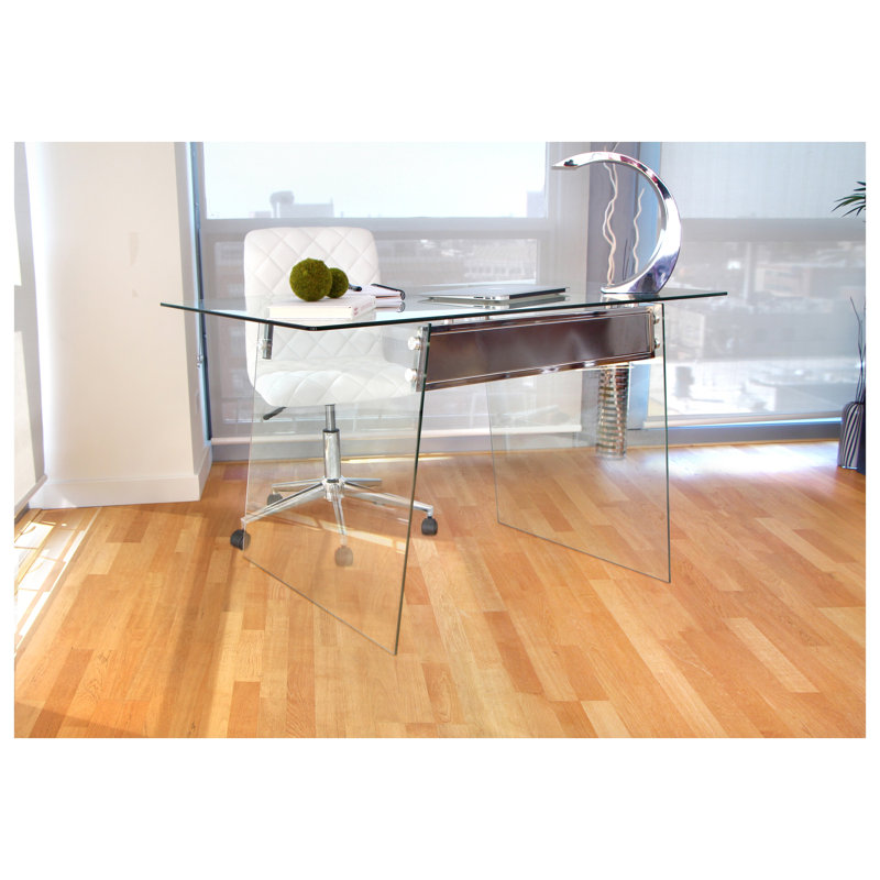 Bureau contemporain en verre avec base en acier inoxydable chromé, plateau trempé transparent pour bureau personnel