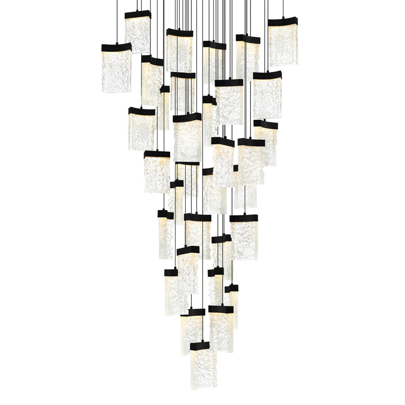 Integrated LED 36" Black Modern Chandelier with Handmade Textured Glass for Dining Room Foyer Bedroom Living Room, Black