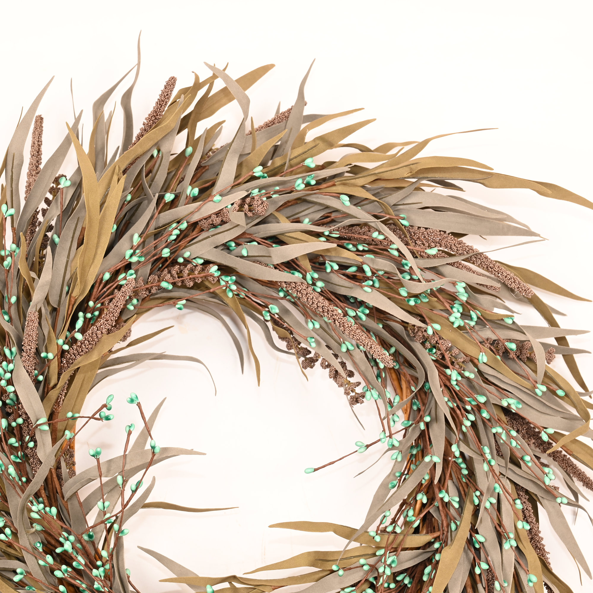 24" Artificial Farmhouse Harvest Thanksgiving Day Blossoms Cluster Grass Berry Fall Wreath For Front Door, Green