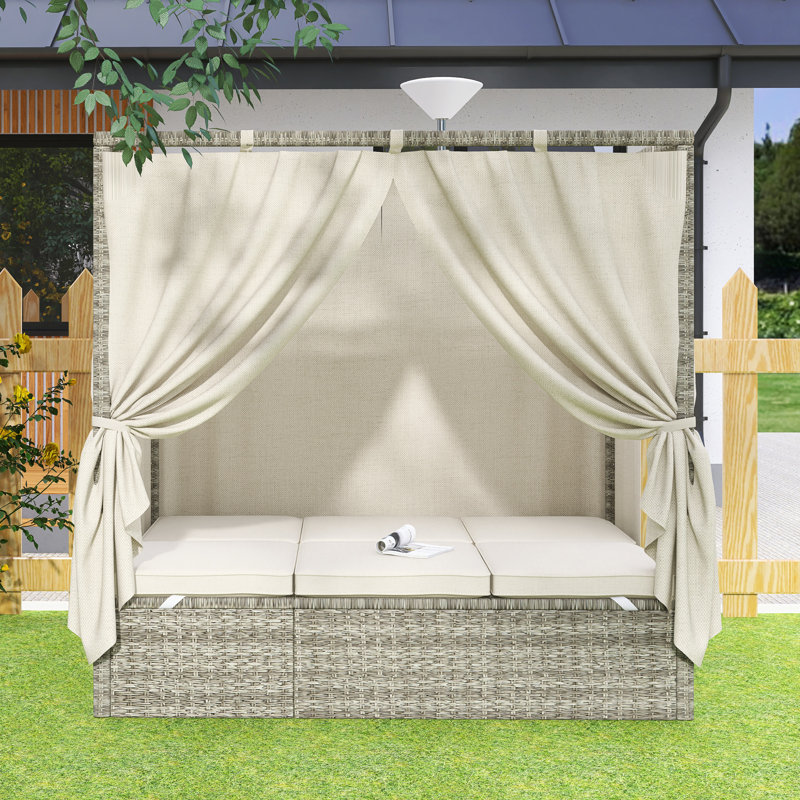 Adjustable Sun Bed With Curtain, Beige
